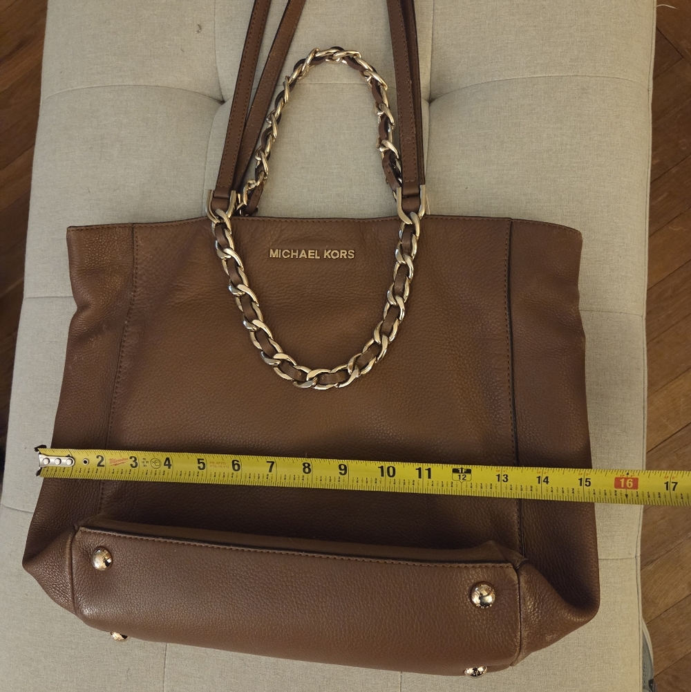 Michael Kors Tan Work Tote Pebbled Leather Gold Medium Harper Everyday Work Bag - Picture 3 of 16